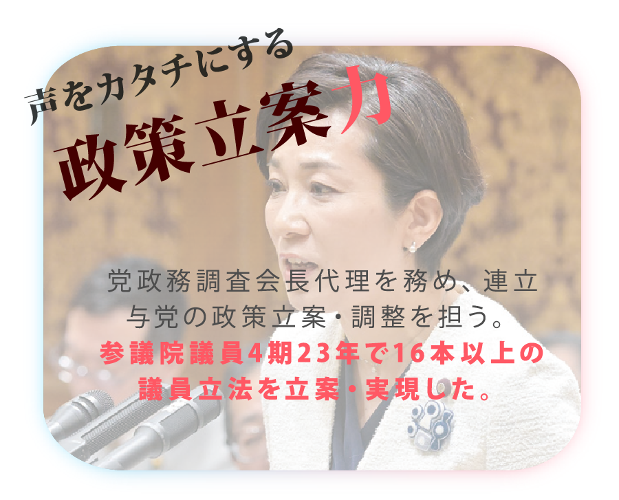 山本かなえ｜特設ページ｜山本かなえが実現した
主な実績｜かなえるチカラ、堺から世界へ｜声をカタチにする政策立案力
党政務調査会長代理を務め、連立与党の政策立案・調整を担う。
参議院議員4期23年で16本以上の議員立法を立案・実現した。